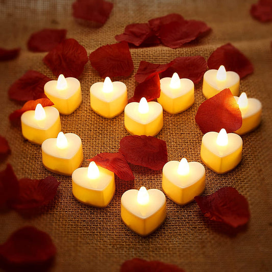 12 Pieces Heart Shape LED Tealight Candles Love LED Candles with 200 Pieces Silk Rose Petals Girl Scatter Artificial Petals for Valentine'S Day Wedding Table Party Decor (Yellow Light, Dark Red Petal)