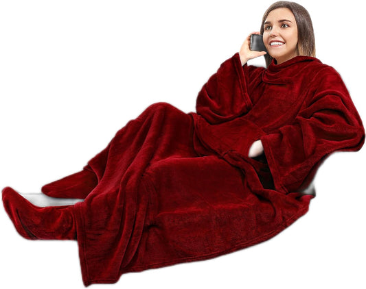 Fleece Blanket with Sleeves and Foot Pockets for Women Men Adults, Wearable Blanket Sleeved Throw Wrap, Plush Hug Sleep Pod Snuggle Blanket Robe, Cozy Gift Ideas Wife Mom, Burgundy Red